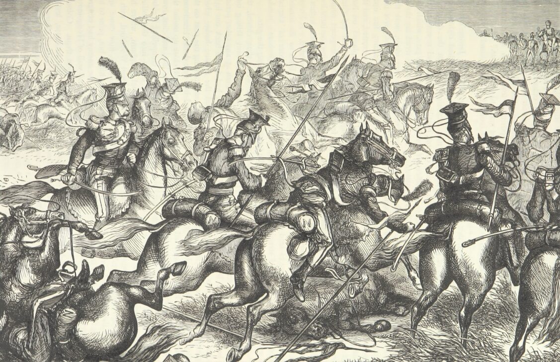 pencil drawing where people fight on horseback